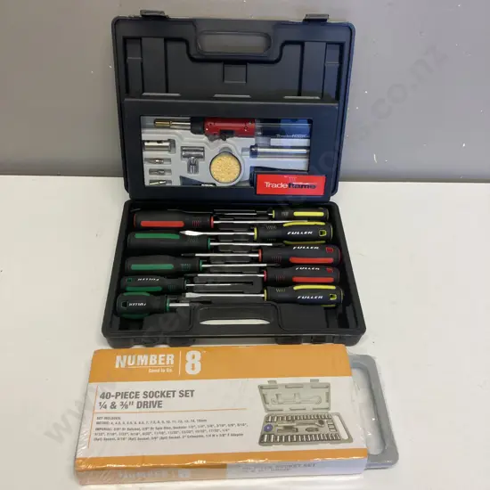 New No8 40Pce Socket Set 1/4&3/8" Drive, Fuller 10Pce Screwdriver Set, TradeFlame Soldering Set